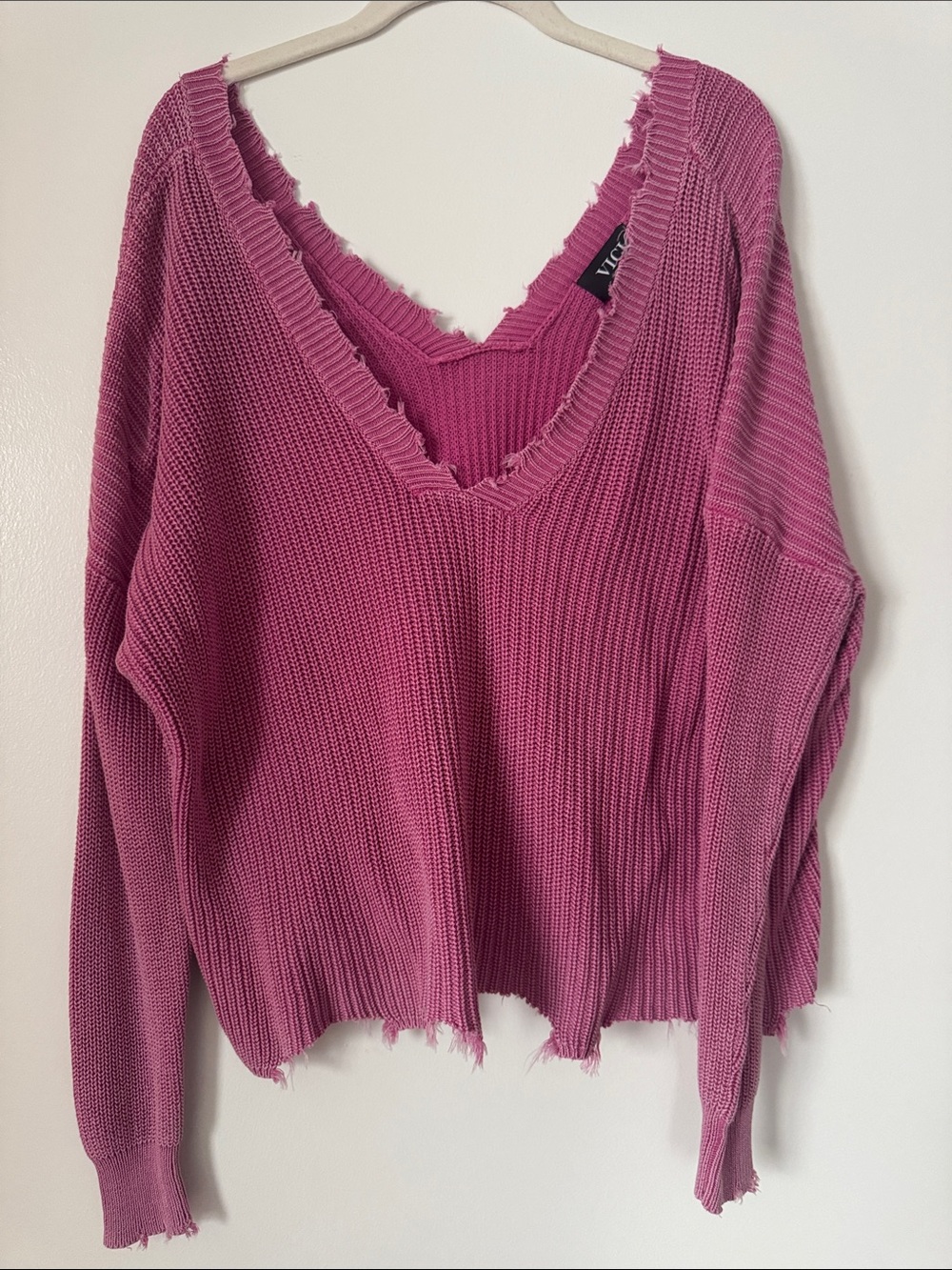 Vici Pink Frayed V-Neck Knit Sweater - worn once